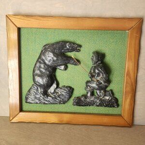 Al Wolf Hand Made Framed Soapstone Sculpture Polar‎ Bear Inuit Canada Art